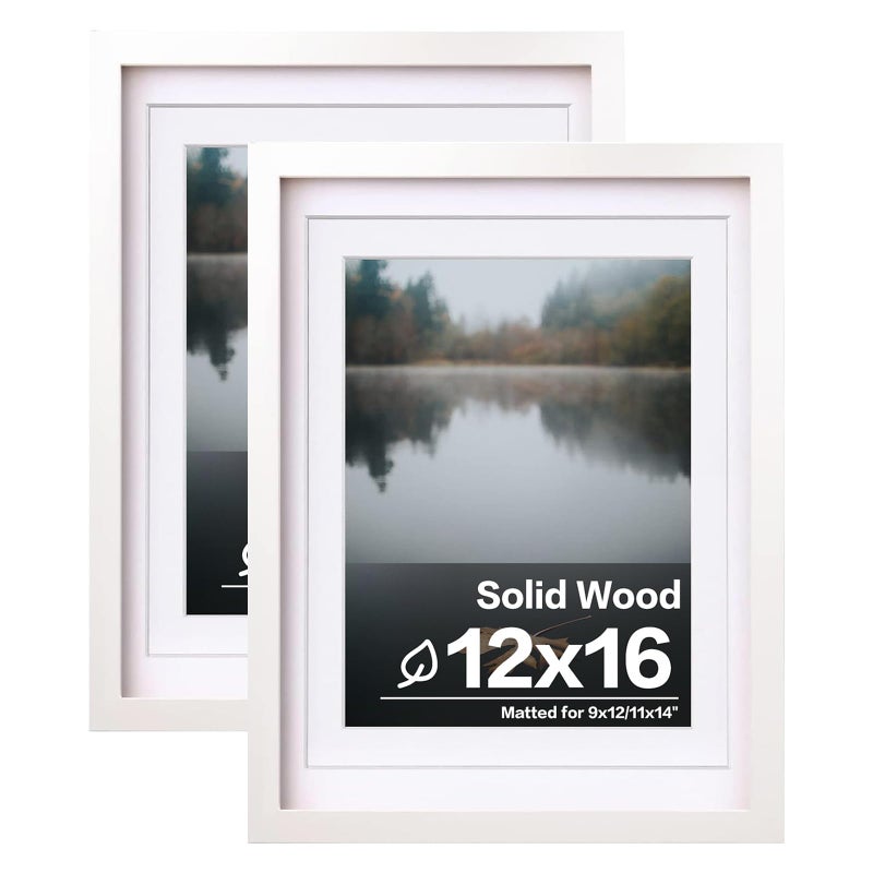 Egofine 12x16 Picture Frames White Set of 2 - Solid Wood Frames With Plexiglass Front, Display 9x12 or 11x14 Mat for Table Top and Wall Mounting - Image 1